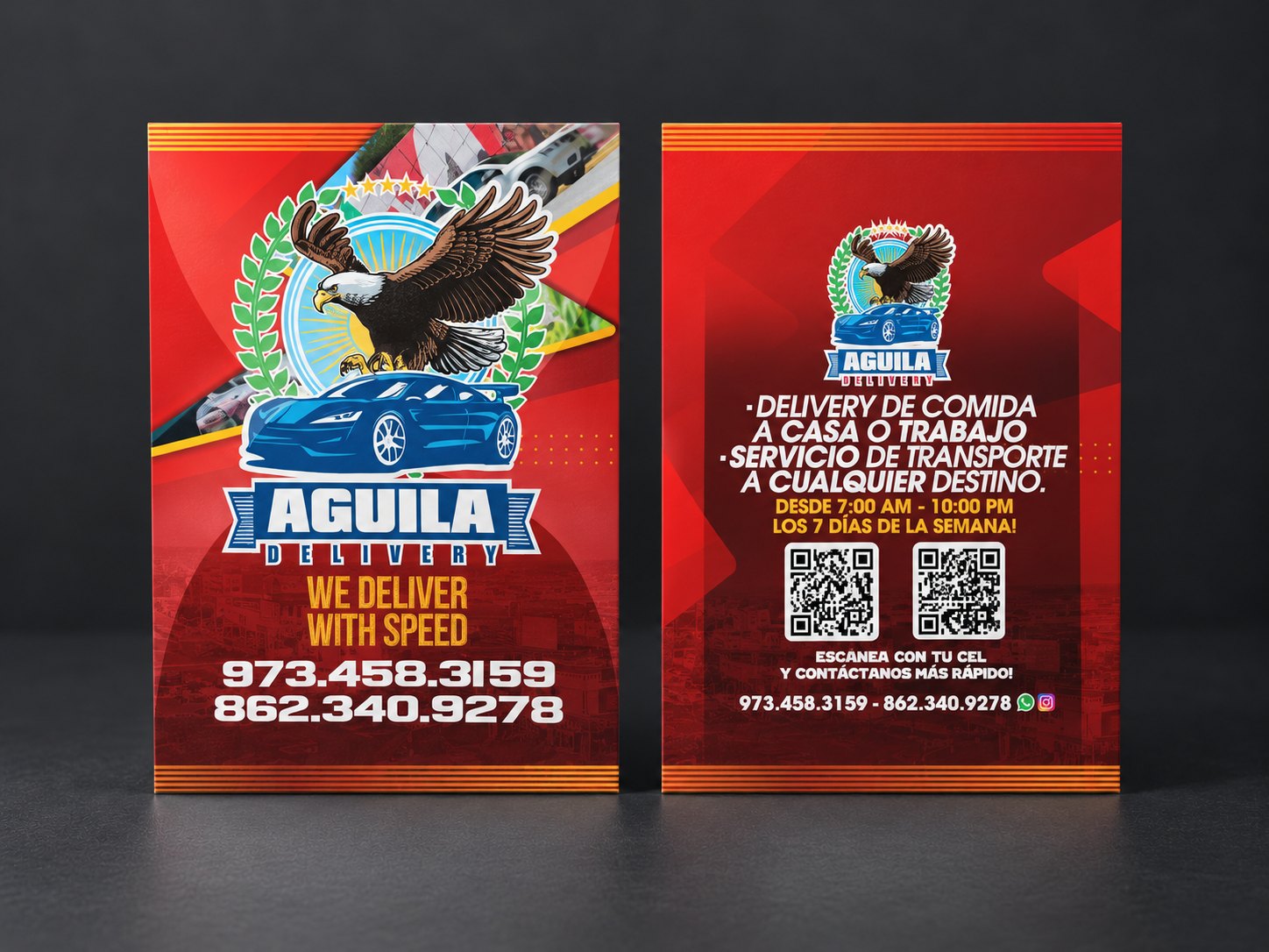 Front and back of red Aguila Delivery promotional cards: an eagle over a blue car on the front with the phone numbers, and the services, hours and two QR codes on the back.