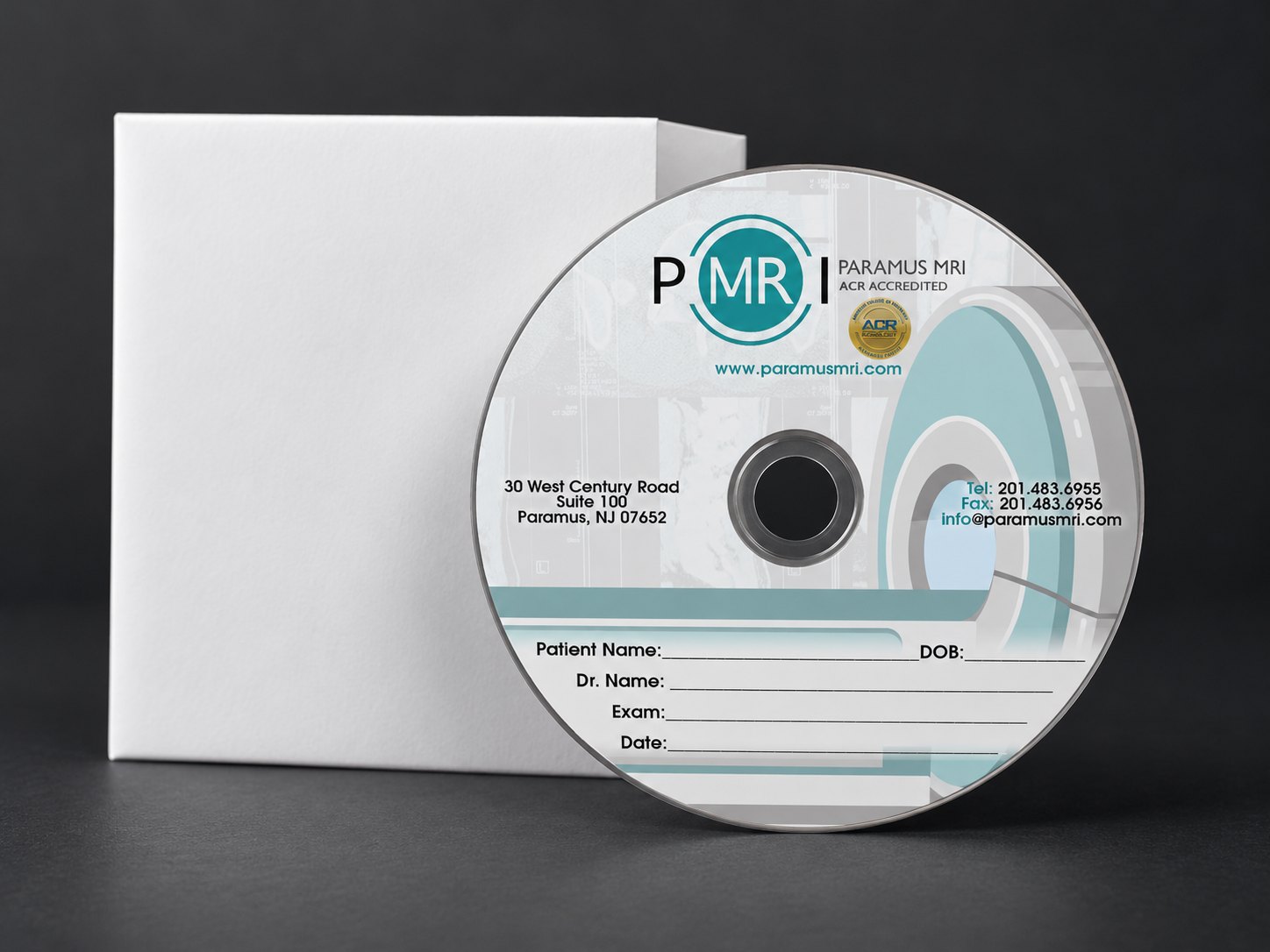 Paramus MRI CD label on a disc next to a white sleeve, with the logo, MRI scan imagery, contact details and lines for patient name, date of birth, doctor, exam and date.